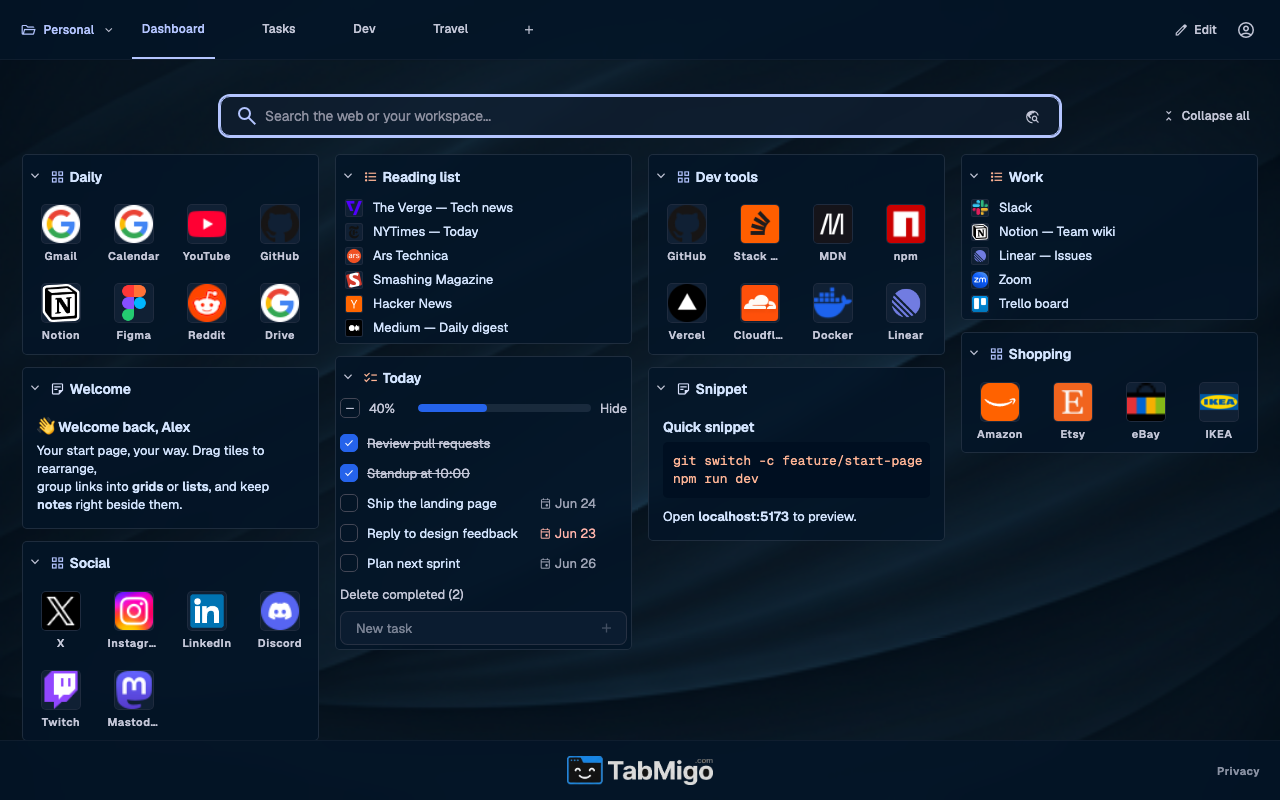 TabMigo dashboard with tiled bookmarks, notes and to-dos