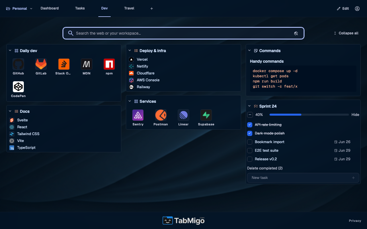 TabMigo new tab dashboard preview